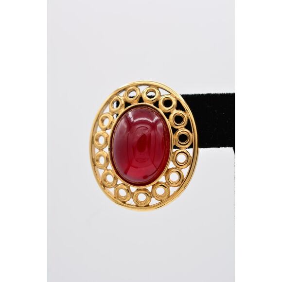 Givenchy Vintage Cabochon Earrings Red Oval Gold Chunky Signed Retro 1980s BinAZ - Picture 7 of 12